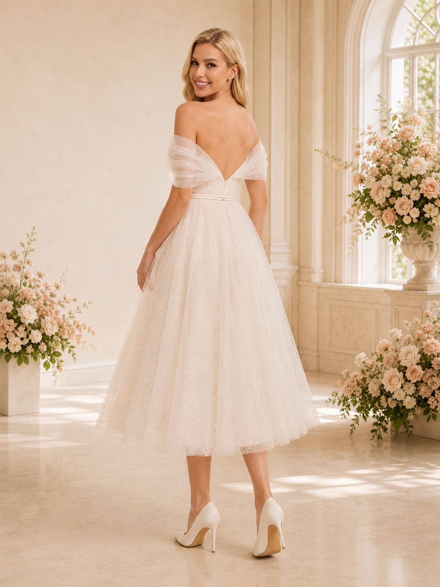 ChicSew Elegant A-line Off The Shoulder Glitter Tulle Midi Wedding Dresses Open Back