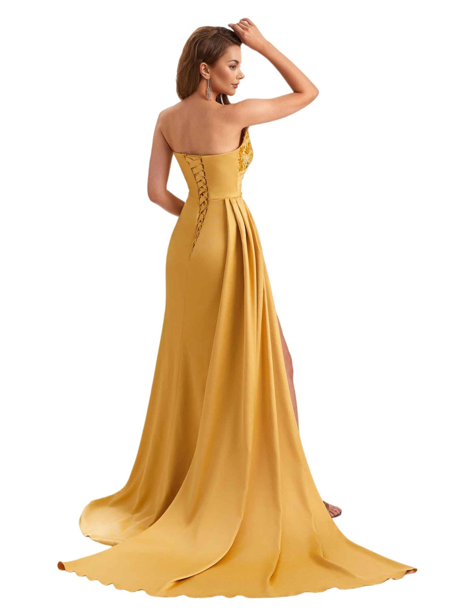 Unique Soft Satin Mermaid Sweetheart V-Neck Side Slit Long Bridesmaid Dresses Online