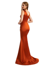 Elegant Deep V-Neck Silky Satin Pleated Mermaid Long Bridesmaid Dresses Online