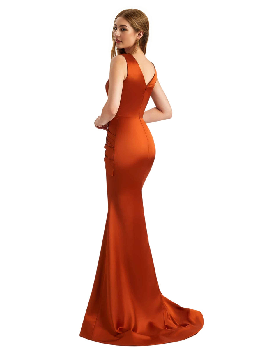 Elegant Deep V-Neck Silky Satin Pleated Mermaid Long Bridesmaid Dresses Online