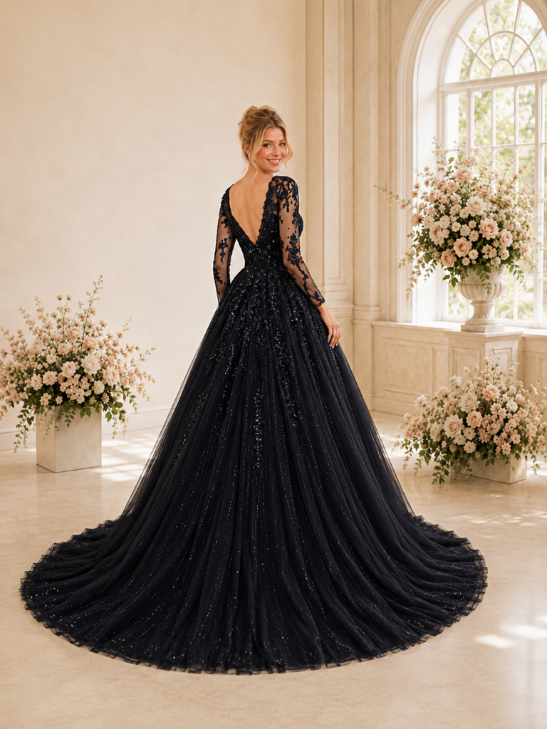 ChicSew Modern Deep V-Neck A-Line Long Sleeves Lace Tulle Floor-Length Wedding Dresses With Floral Applique
