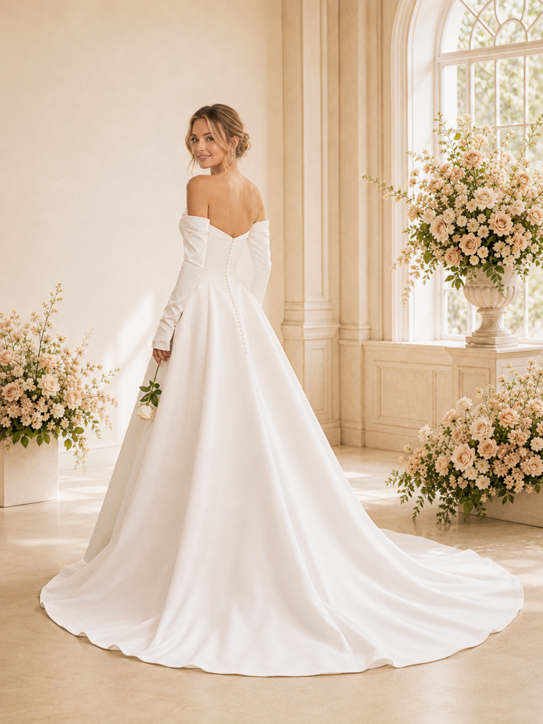 ChicSew Classy Sweetheart Long Sleeves Satin A-Line Maxi Long Wedding Dress