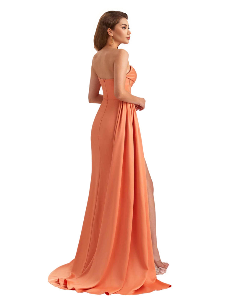 Sexy Strapless Mermaid Soft Satin Side Slit Pretty Long Bridesmaid Dresses Online