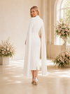 ChicSew Modern High Neck Long Sleeves Crepe Tea-Length Mermaid Wedding Dress