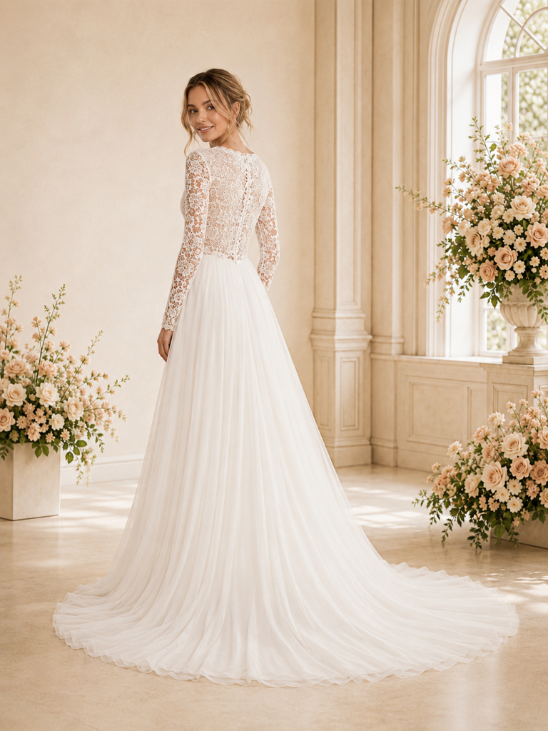 ChicSew Elegant A-Line Lace Applique Jewel Chiffon Long Sleeves Floor-Length Wedding Dress
