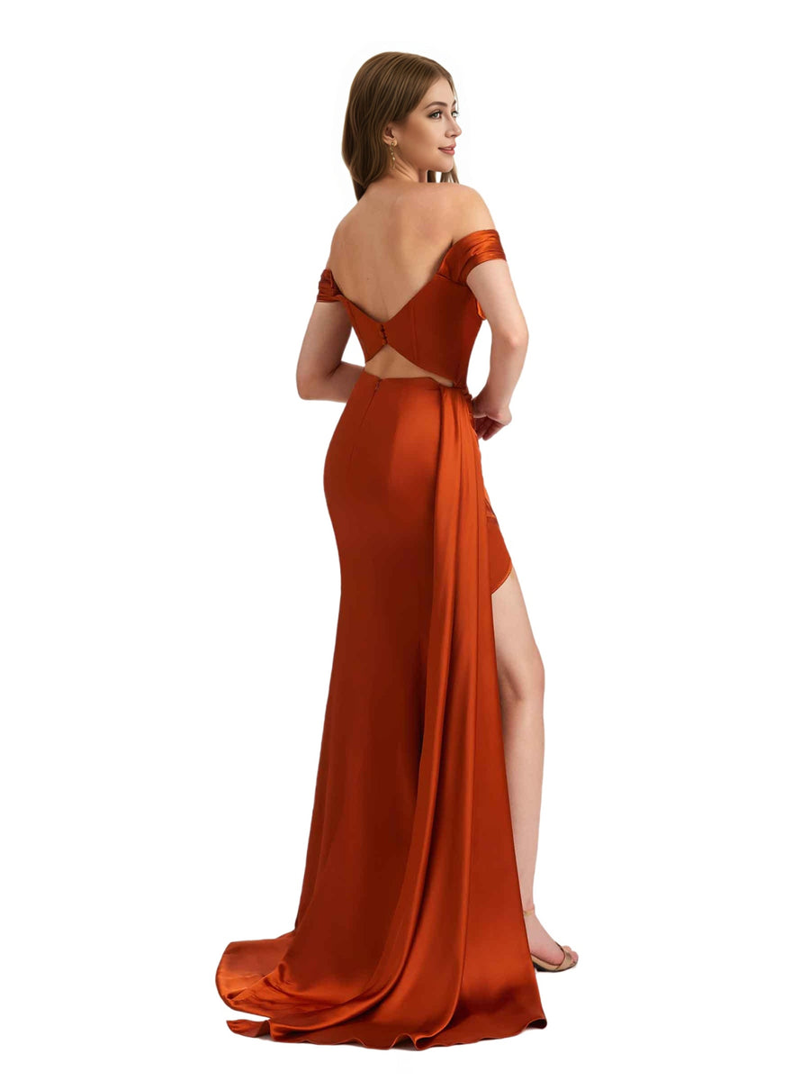 Unique Satin Off The Shoulder Side Split Boning Mermaid Pleated Long Bridesmaid Dresses