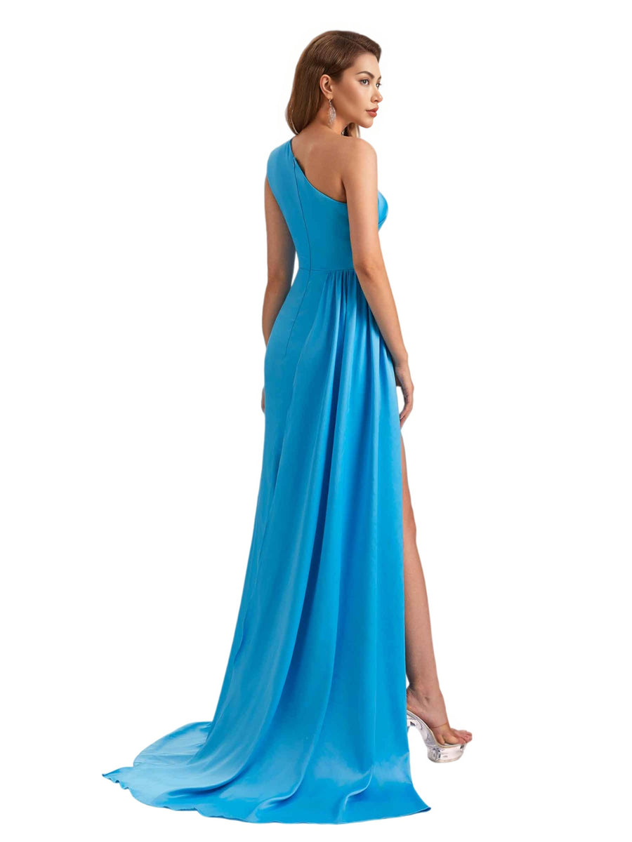 Sexy One Shoulder Soft Satin Mermaid Side Slit Pretty Long Bridesmaid Dresses Online