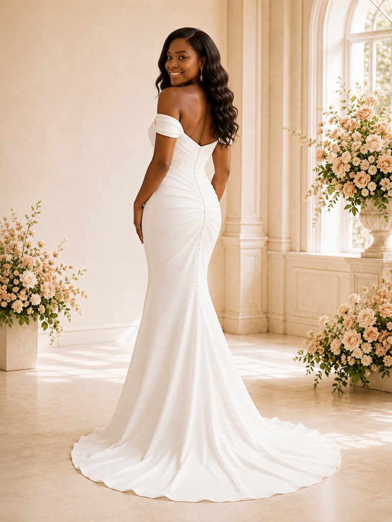 ChicSew Elegant Off The Shoulder Ruching Crepe Mermaid Long Wedding Dress