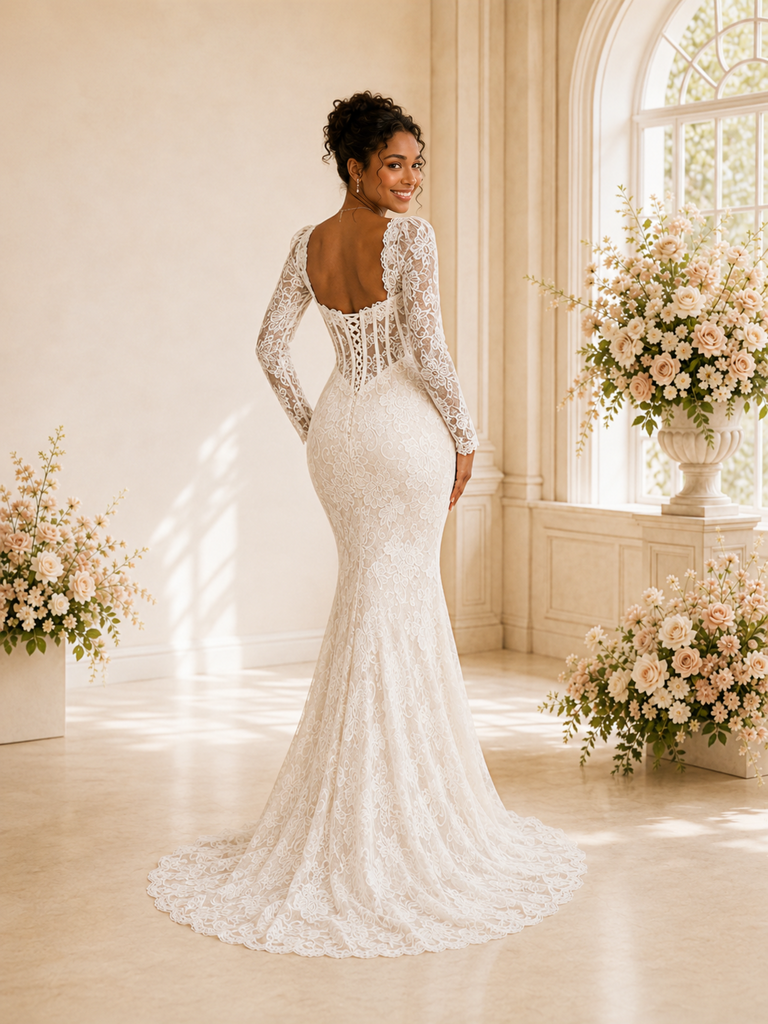 ChicSew Fancy Sweetheart Lace Appliques Long Sleeves Mermaid Maxi Wedding Dress
