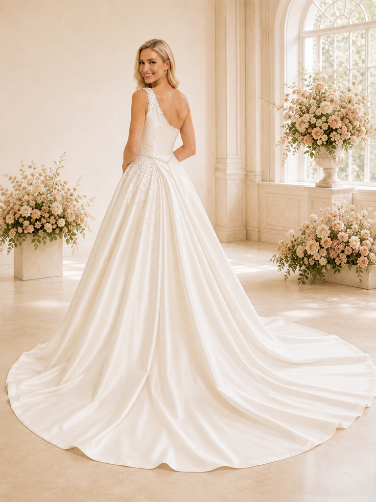 ChicSew Unique Mermaid One Shoulder Beading Satin Maxi Long Wedding Dresses With Overskirt
