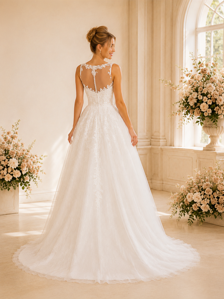 ChicSew Elegant Illusion Sleeveless A-Line Glitter Tulle Long Wedding Dresses With Lace Appliques