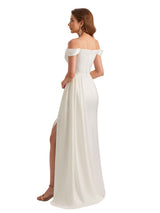 Unique Mermaid Off Shoulder Soft Satin Side Slit Long Bridesmaid Dresses