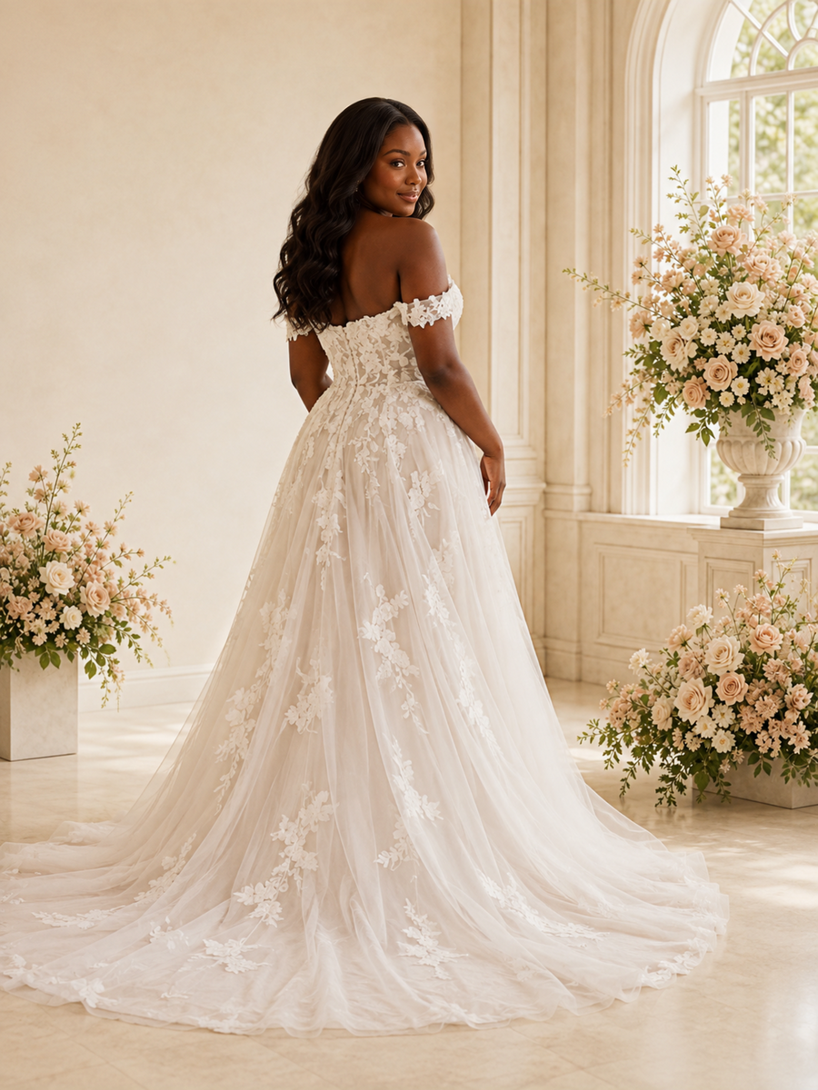 ChicSew Romantic A-Line Off The Shoulder Tulle Maxi Wedding Dress With Lace Applique