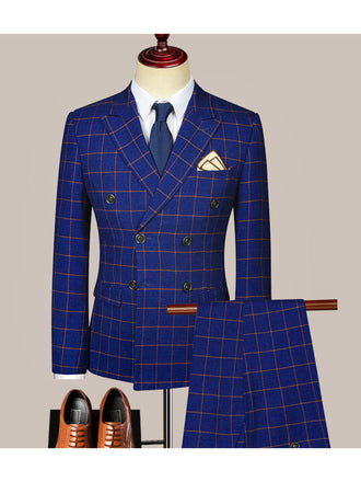 Dark Blue Men's Casual 3 Piece Suit Plaid Notch Lapel Flat Tuxedos Set CN518