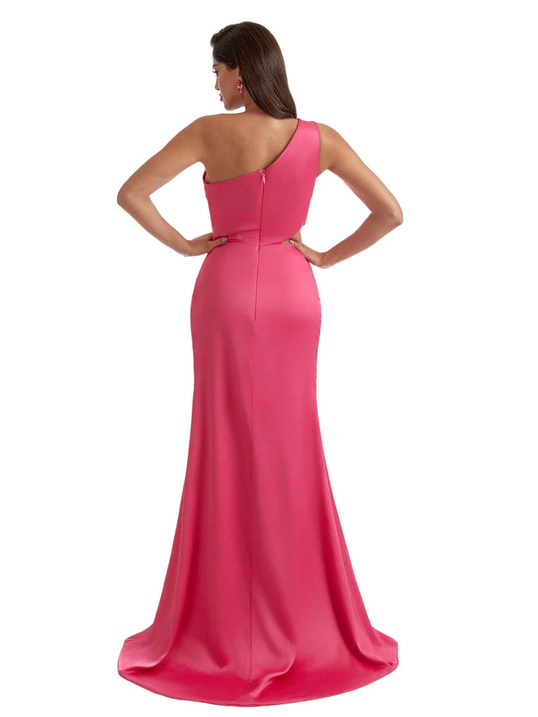 Sexy One Shoulder Ruched Satin Side Split Mermaid Long Bridesmaid Dresses Online