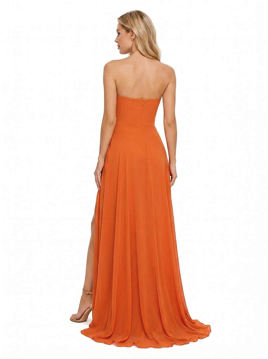 Chicsew Straight Across Boning Strapless Side Slit Chiffon Mermaid Long Bridesmaid Dresses