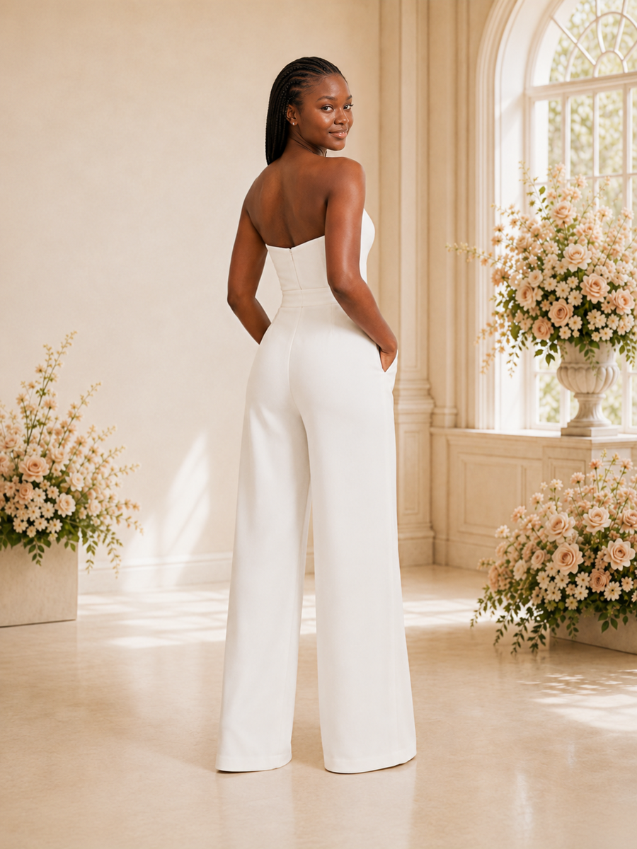 ChicSew Modern Sweetheart Crepe Floor-Length Wedding Jumpsuit With Pocket
