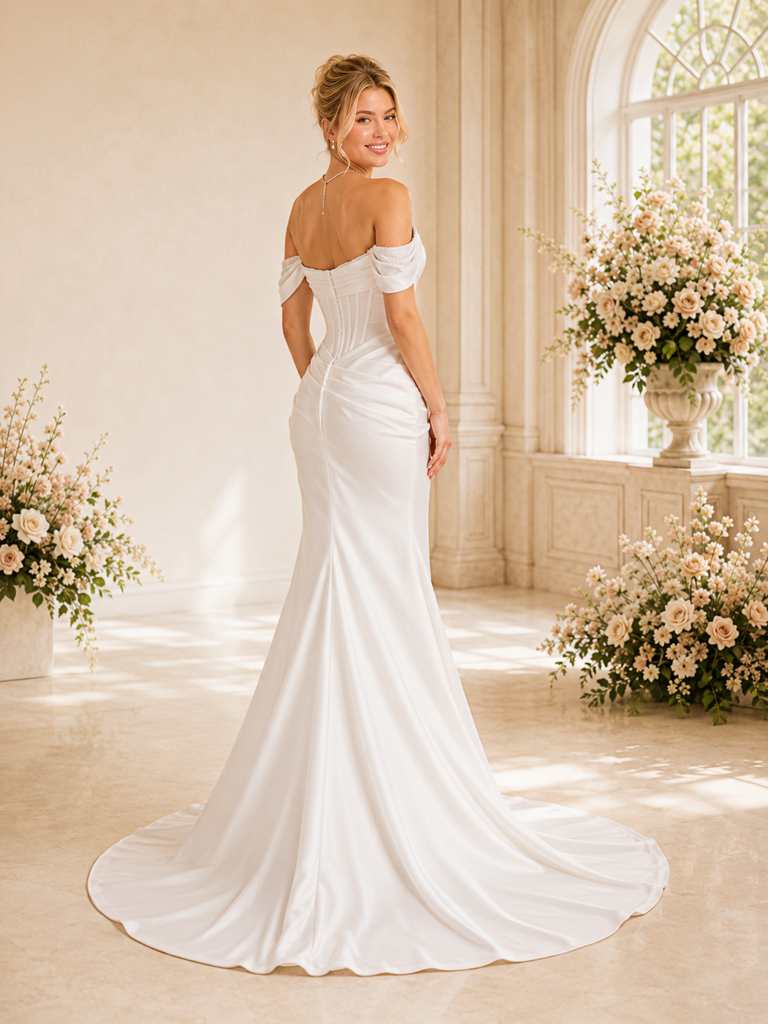 ChicSew Off The Shoulder Ruching Boning Satin Mermaid Wedding Dresses With Train