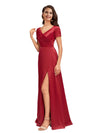 Elegant V-Neck Short Sleeves Long Soft Satin Bridesmaid Dresses With Slit