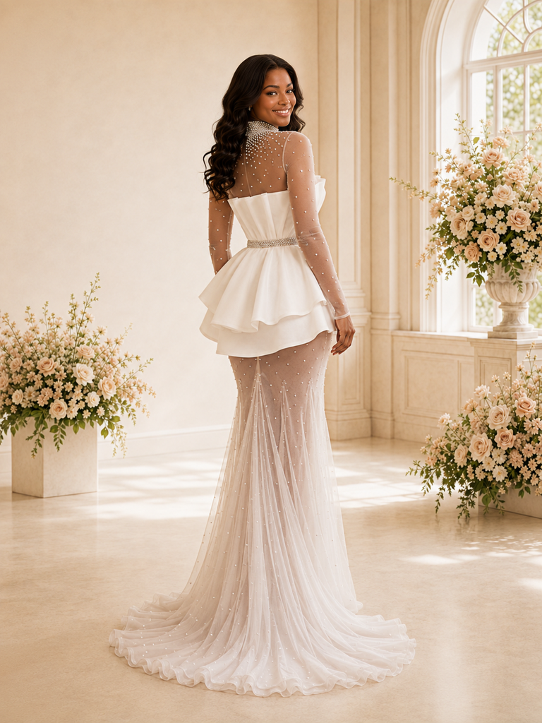 ChicSew Unqiue High Neck Tulle Chiffon Mermaid Long Sleeves Floor-Length Wedding Dress With Beading