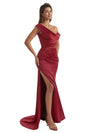 Sexy One Shoulder Side Slit Silky Satin Floor-Length Mermaid Bridesmaid Dresses