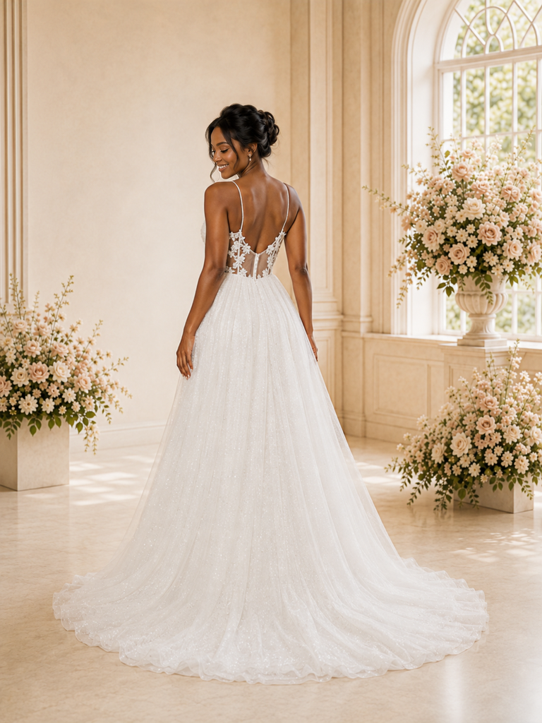 ChicSew Romantic A-Line Spaghetti Straps V-Neck Glitter Tulle Maxi Wedding Dress