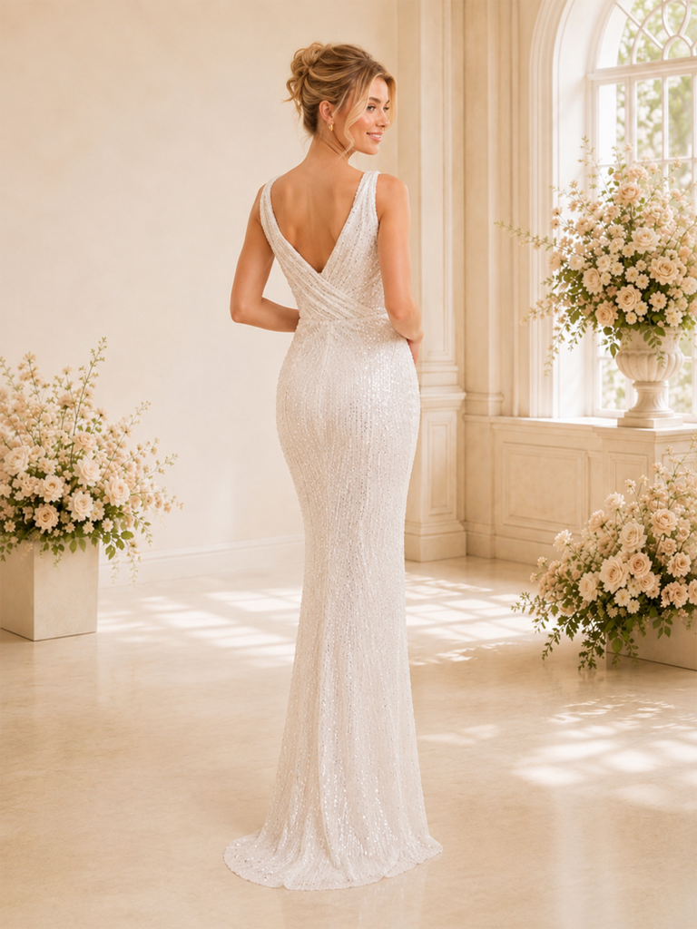 ChicSew Elegant V-Neck Mermaid Floor-Length Glitter Tulle Side Slit Long Wedding Dress