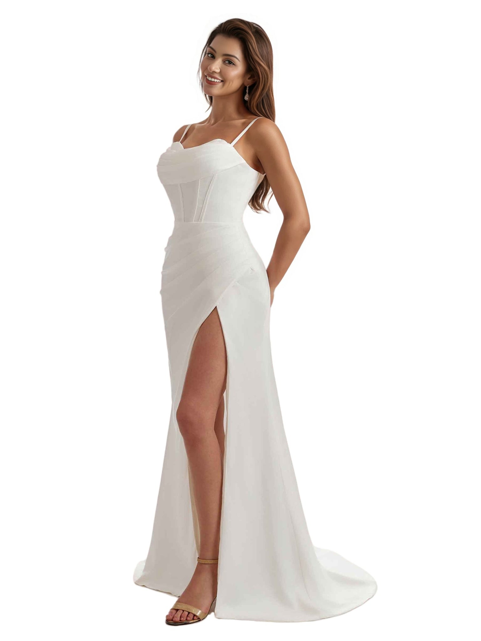 Sexy Sweetheart Mermaid Silky Satin Long Bridesmaid Dresses Slit Spaghetti Straps