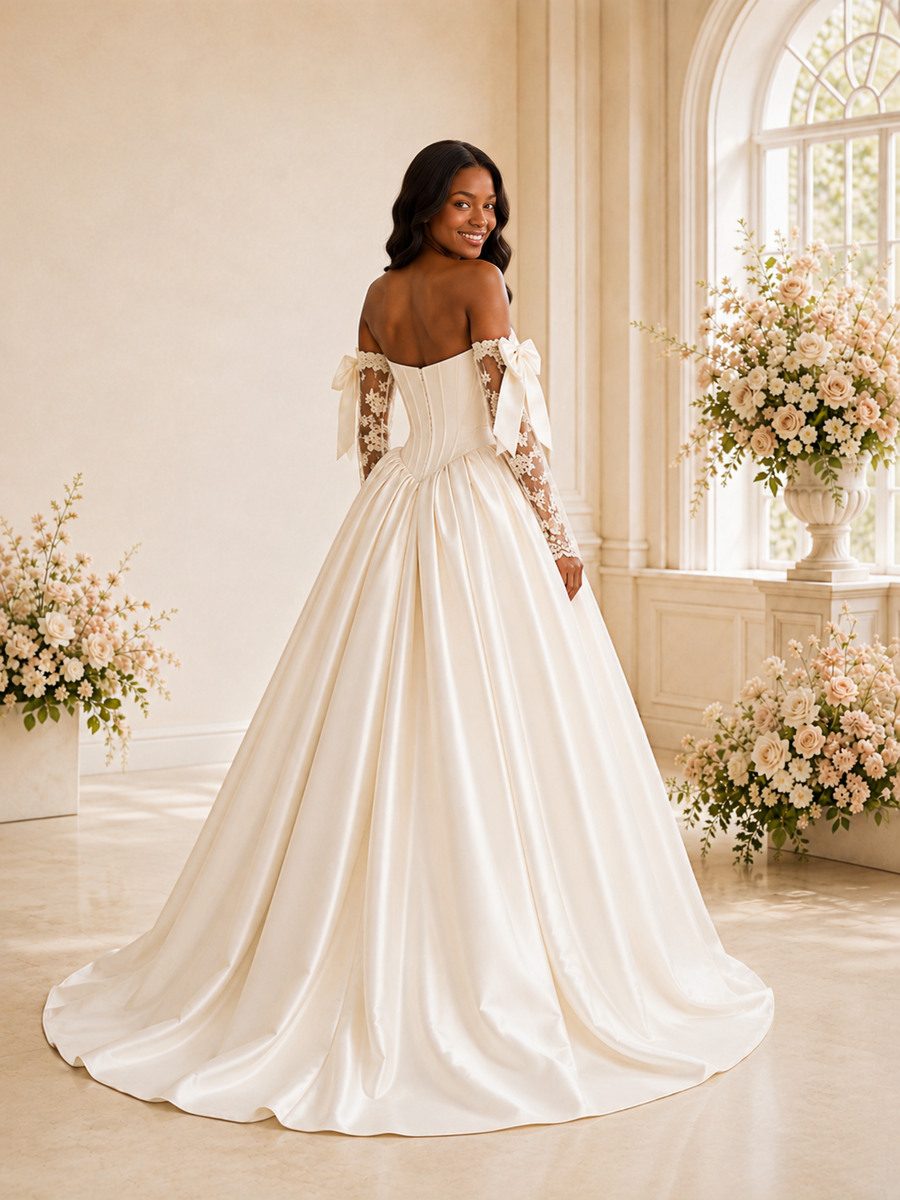 ChicSew Classy Sweetheart A-Line Boning Ruched Satin Maxi Wedding Dress With Long Lace Sleeves
