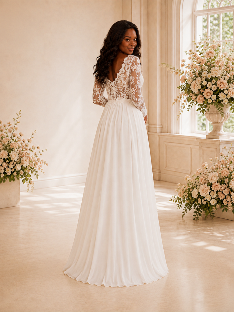 ChicSew Elegant V-Neck Side Slit Lace Appliques Chiffon Maxi A-Line Wedding Dress