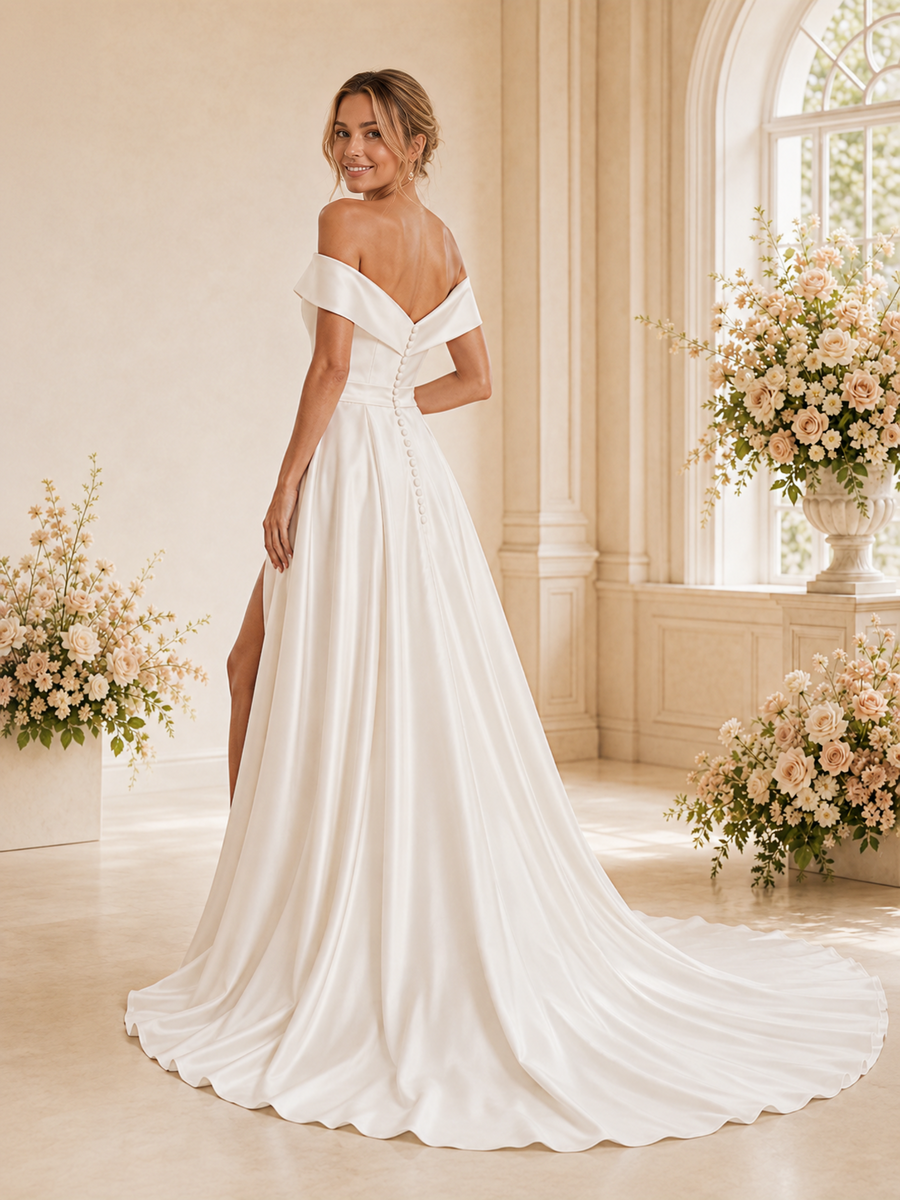 ChicSew Fancy Off The Shouder Slit A-line Satin Floor-Length Wedding Dress