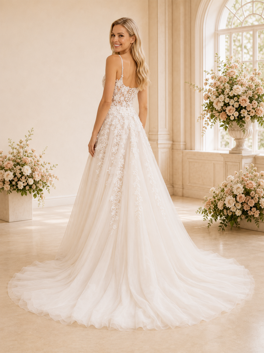 ChicSew Unique Spaghetti Straps A-Line Boning Lace Tulle Side Slit Long Wedding Dresses