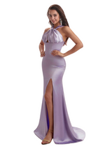 Sexy Halter Mermaid Ruched Satin Floor Length Bridesmaid Dresses Side Slit