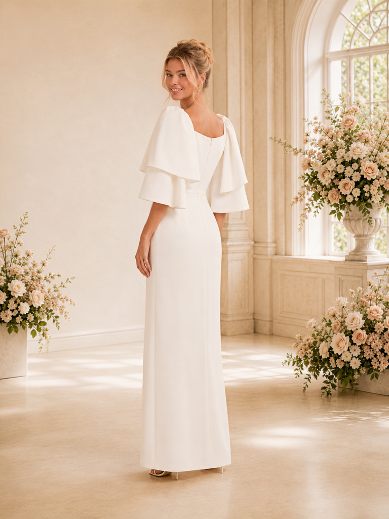 ChicSew Elegant Sabrina Flutter Sleeves Sheath Crepe Long Wedding Dress