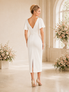 Chicsew Fancy V-Neck Short Sleeves Sheath Tea-Length Crepe Wedding Dress