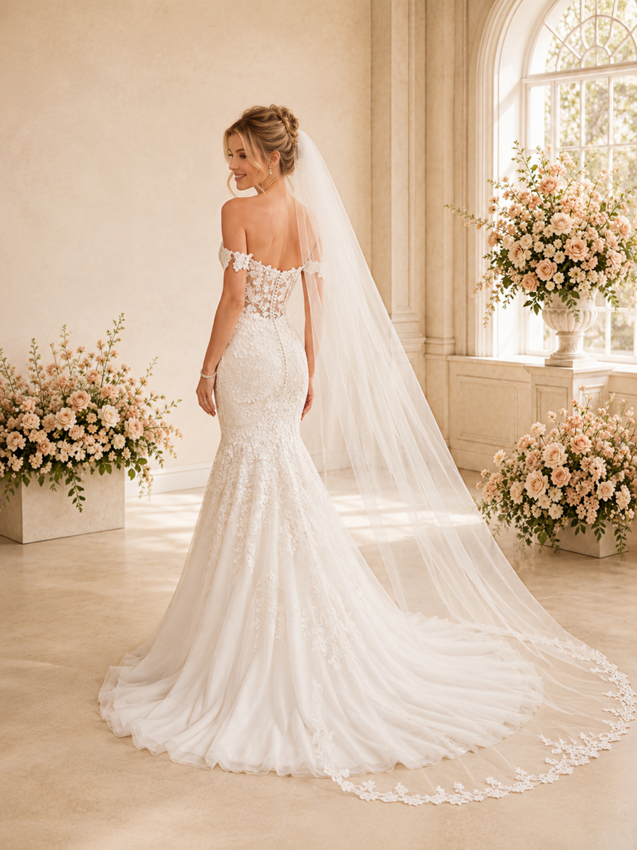 ChicSew Romantic Off Shoulder Mermaid Lace Tulle Floor-Length Wedding Dresses With Train