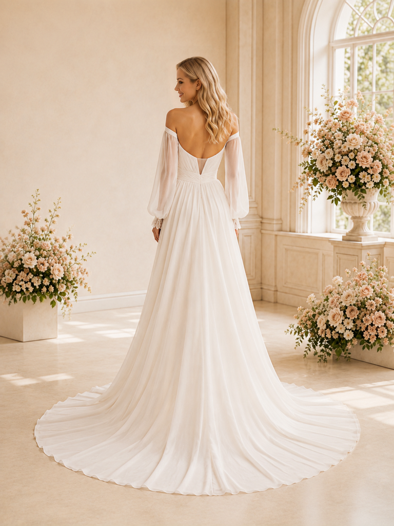 ChicSew Fancy Chiffon Off The Shoulder Long Sleeves A-Line Floor-Length Wedding Dress With Pleats