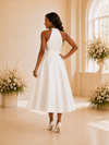 ChicSew Elegant Halter A-Line Satin Tea-Length Wedding Dress With Lace Appliques