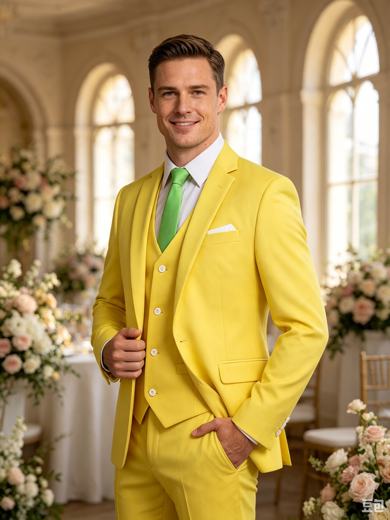 Classic 3 Piece Yellow Men's Suit with Regular Fit and Sophisticated Peak Lapel