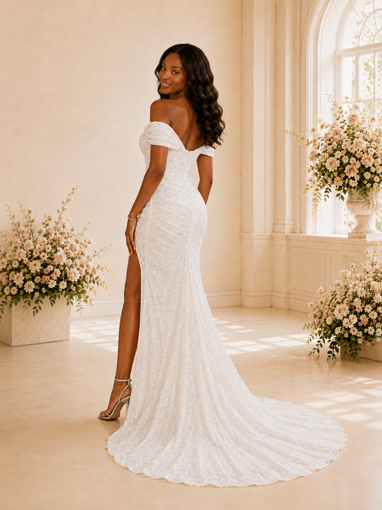 ChicSew Elegant Off The Shoulder Ruching Side Slit Sequin Mermaid Long Wedding Dress