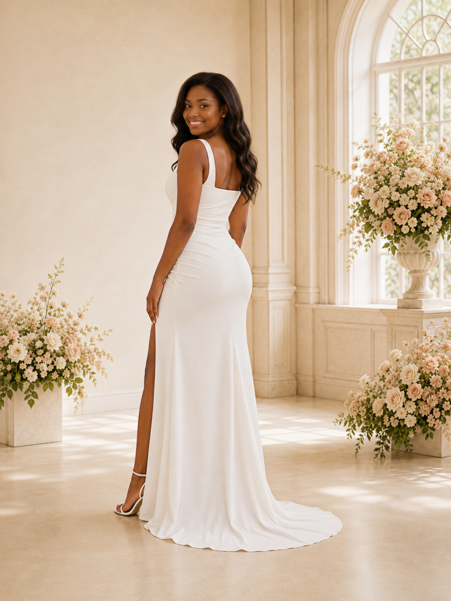ChicSew Modern Crepe Square Spaghetti Straps Floor-Length Mermaid Wedding Dress