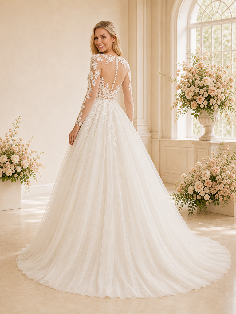 ChicSew Romantic Illusion A-Line Boning Lace Tulle Long Wedding Dresses With Button