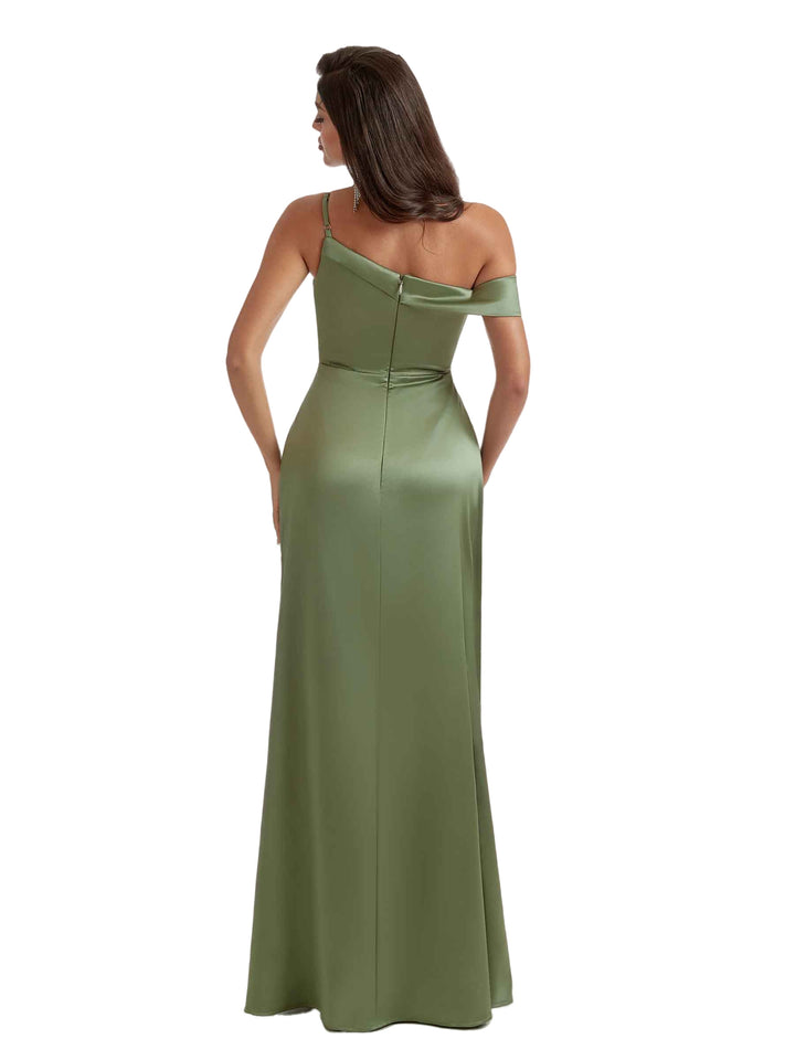 Sexy Asymmetric Mermaid Ruched Satin Nice Long Bridesmaid Dresses Split