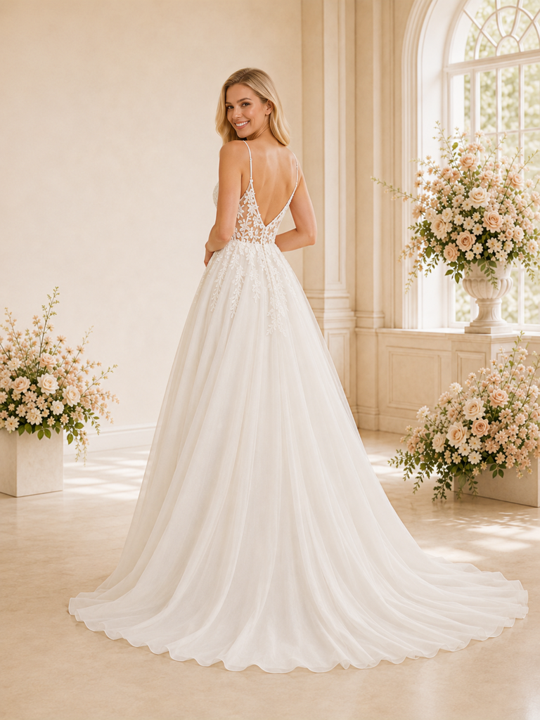 ChicSew Romantic Spaghetti Straps A-Line Boning Lace Tulle Long Wedding Dresses