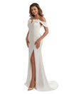 Elegant Off The Shoulder Mermaid Satin Long Bridesmaid Dresses Slit Hand Made Flower