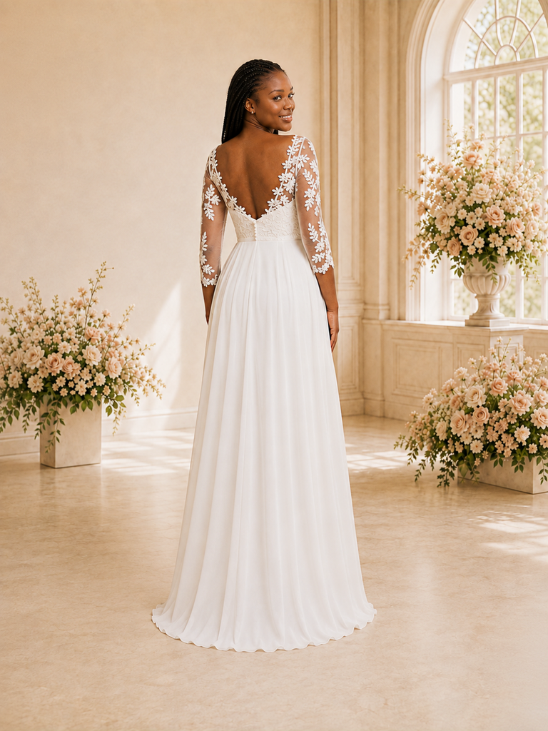 ChicSew Elegant V-Neck Lace Applique Chiffon A-Line 3/4 Sleeves Maxi Wedding Dress