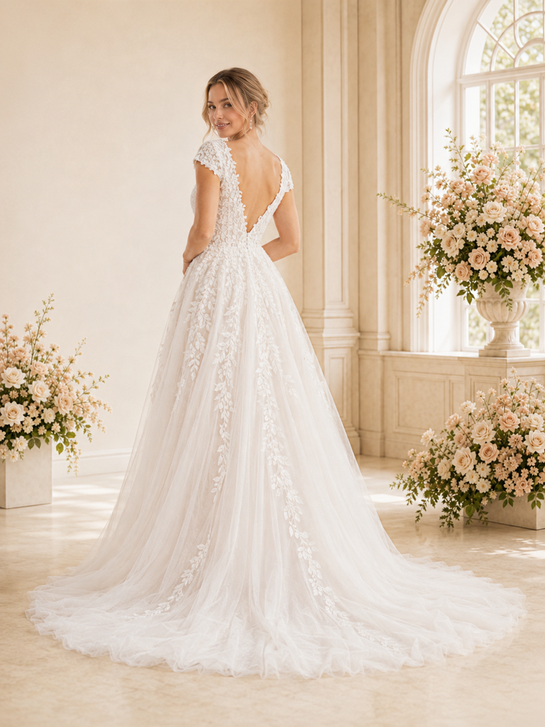 ChicSew Fancy Cap Sleeves V-Neck Lace Tulle Open Back Maxi A-Line Wedding Dress