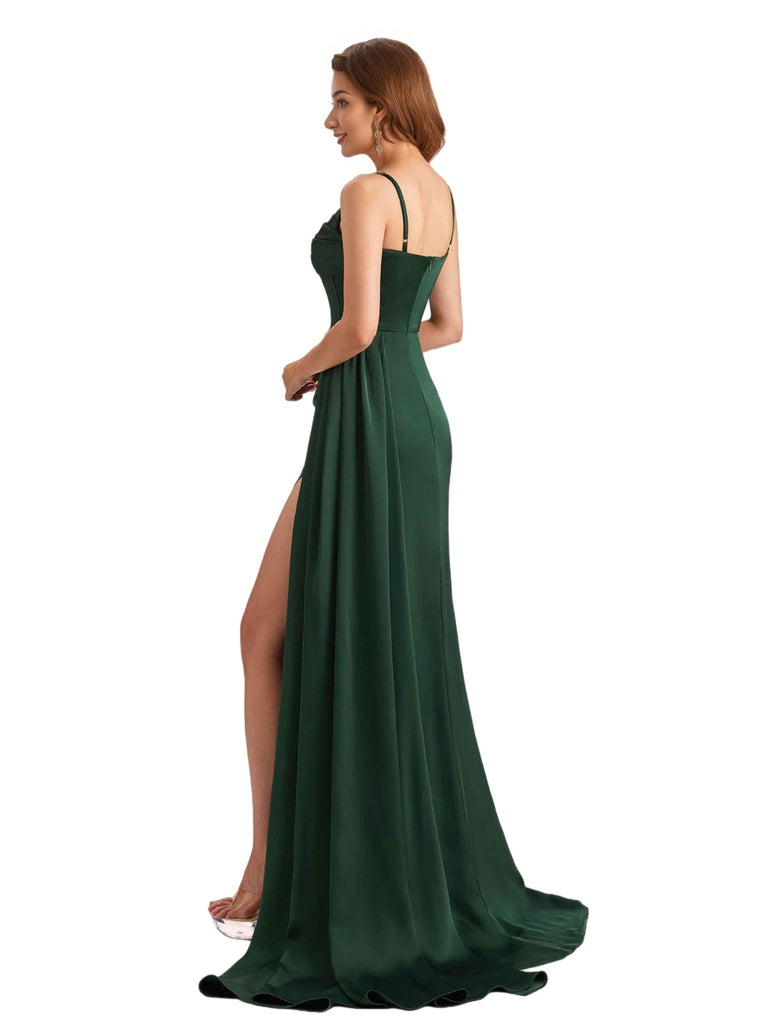 Sexy Pleated Satin Spaghetti Straps Mermaid Side Slit Long Bridesmaid Dresses Online