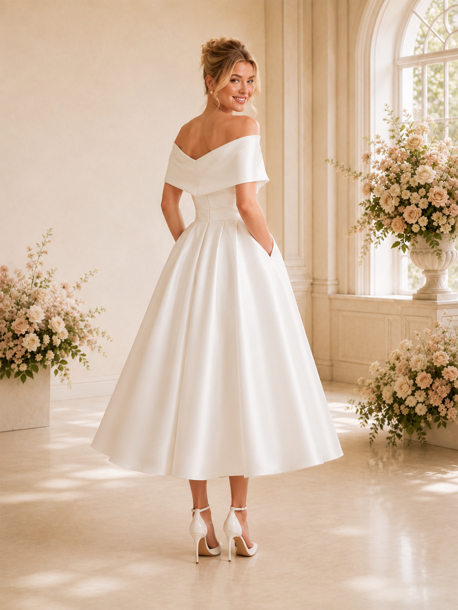 ChicSew Elegant Off The Shoulder A-Line Sleeveless Satin Tea-Length Wedding Dresses With Pocket