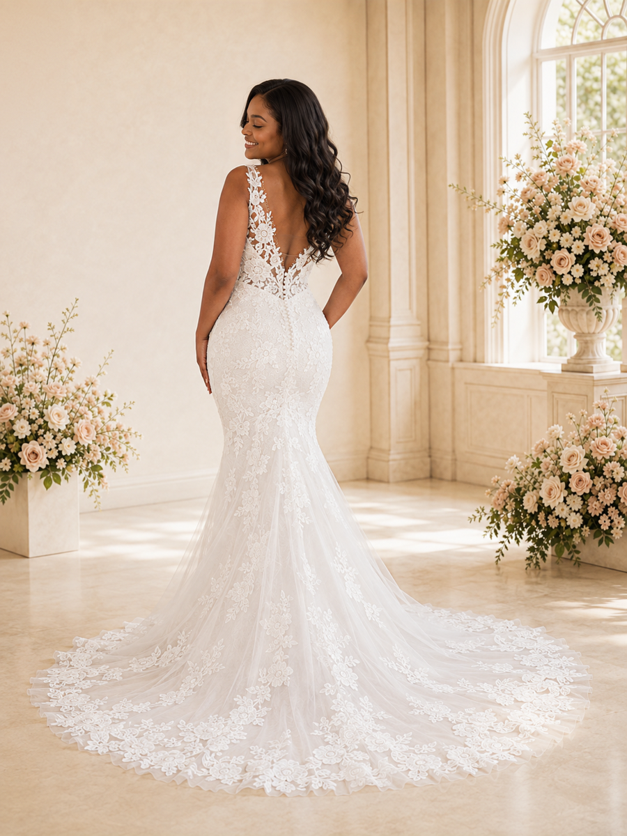 ChicSew Romantic Mermaid V-Neck Spaghetti Straps Lace Maxi Wedding Dress